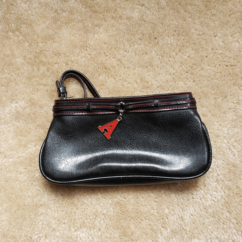 Monogram black faux leather wristlet